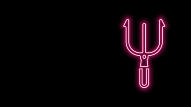 Glowing neon line Neptune Trident icon isolated on black background. 4K Video motion graphic animation
