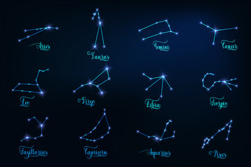 Glowing Set of 12 zodiac signs constellation. Horoscope symbols.
