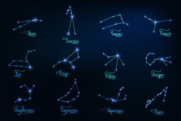 Naklejka premium Glowing Set of 12 zodiac signs constellation. Horoscope symbols.