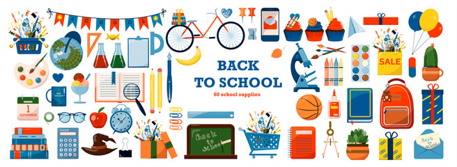 Back to school. Big vector set. Stationery for school, university and office. Cartoon school supplies. A set of colored icons. Flat illustrations for elementary school. Bright cut out cliparts