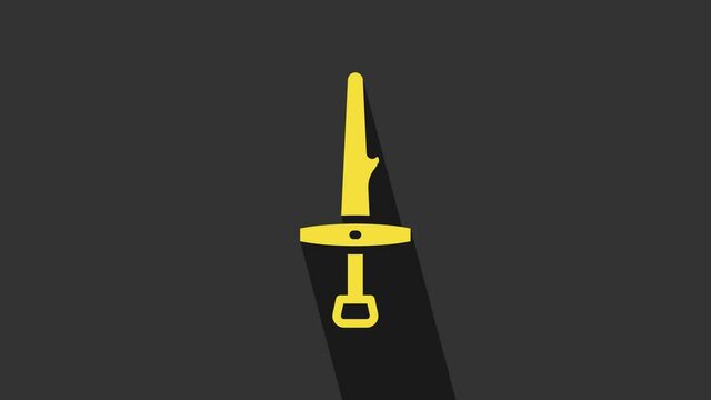 Yellow Dagger icon isolated on grey background. Knife icon. Sword with sharp blade. 4K Video motion graphic animation