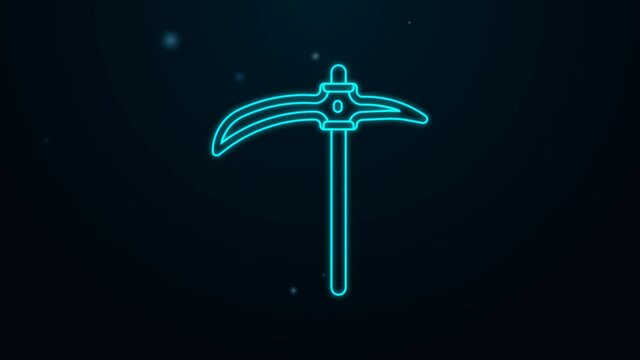 Glowing neon line Pickaxe icon isolated on black background. 4K Video motion graphic animation
