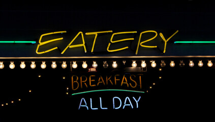 Vintage Neon Eatery and Breakfast All Day Sign