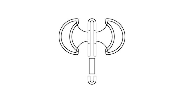Black line Medieval poleaxe icon isolated on white background. 4K Video motion graphic animation