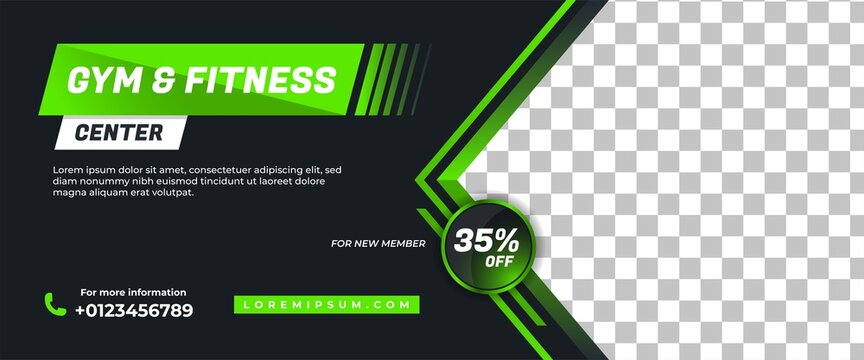 Gym, Workout, Fitness banner template design. Modern banner with green shape and place for the photo. Usable for website, header, and cover.