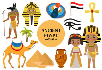 Ancient Egypt set objects clip art. Collection design elements witch sorrow beetles, Pharaoh, pyramid, ankh, Anubis, camel, antique hieroglyph. Isolated on white background. Vector illustration