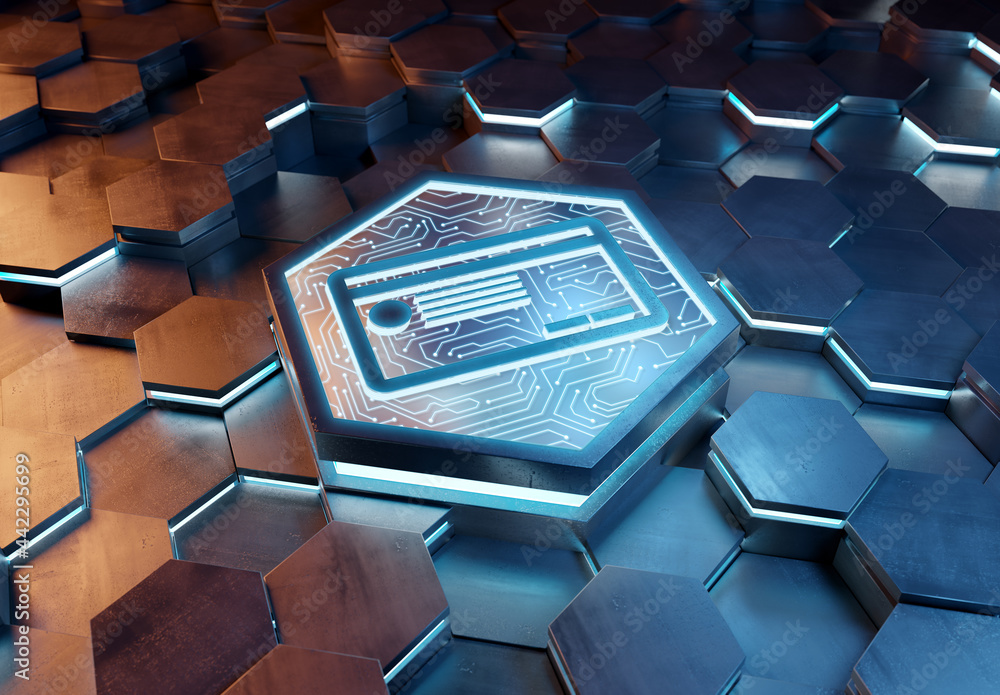 Poster payment card icon concept engraved on metal hexagonal pedestral background. credit card logo glowing