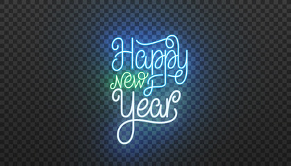 Happy New Year neon lettering. Bright neon vector illustration for New Year 2021 celebration