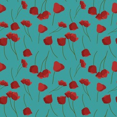 Seamless pattern of poppy on a blue background