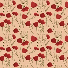 Seamless pattern of poppy on a beige background