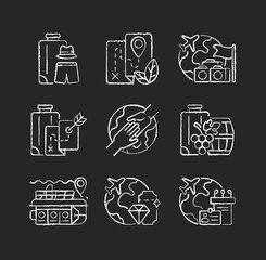 Types of tourism chalk white icons set on dark background. International trip for recreation and entertainment. Travel industry categories. Isolated vector chalkboard illustrations on black