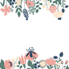 Vector illustration in cartoon style with copy space for text.  background with plants and leaves.  backdrop for greeting cards, posters, banners and placards
