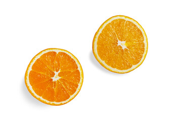 two slices of orange on a white isolated background. sliced orange