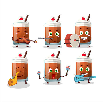 Cartoon character of root beer with ice cream playing some musical instruments