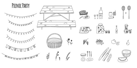 Hand-drawn stylized vector illustration of picnic party elements - basket, picnic table, snacks, wine, lemonade, fruits, cheese, pie, and party garlands. Cartoon abstract doodle isolated on white