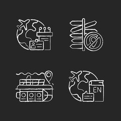 Categories of travel chalk white icons set on dark background. MICE tourism. Business trip. English teaching job abroad. Tourism types. Isolated vector chalkboard illustrations on black