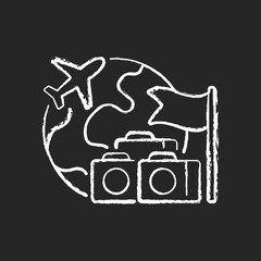 Group tour chalk white icon on dark background. Collective planning for journey abroad. Trip together to abroad country. Tourism industry category. Isolated vector chalkboard illustration on black