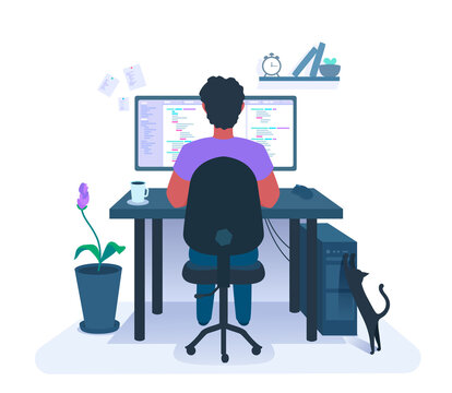A developer programming. A programmer freelancer workplace. The coder at remote work from home. Person coding, writing a computer code. A vector cartoon illustration.
