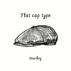 Flat cap type, newsboy. Ink black and white drawing outline illustration - obrazy, fototapety, plakaty