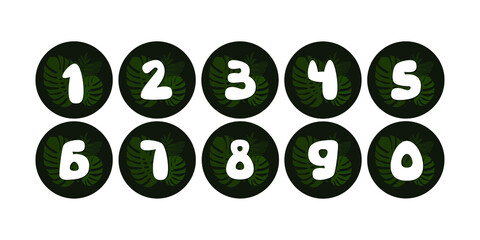 Set of vector numbers with tropical leaves. Silhouette botanical numbers with shadow in the circle isolated on white background. Vector illustration.