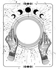 Mystical drawing tarot with copy space, magic ball for text. Female hands hold an empty round frame, sketch. Mystical vector illustration of a witch. - obrazy, fototapety, plakaty