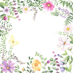 Obraz na płótnie Canvas Summer frame of wildflowers, wild green plants and butterfly yellow color. Colorful floral watercolor background for invitation or greeting card, poster, nature banner, square border.