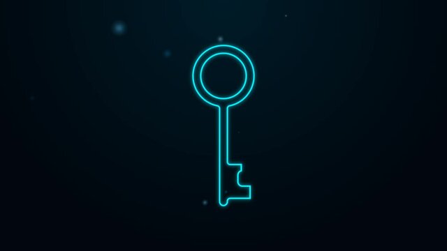 Glowing neon line Old key icon isolated on black background. 4K Video motion graphic animation
