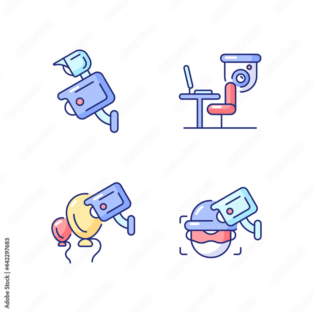 Poster surveillance management rgb color icons set. floodlight camera. event security. workers productivity