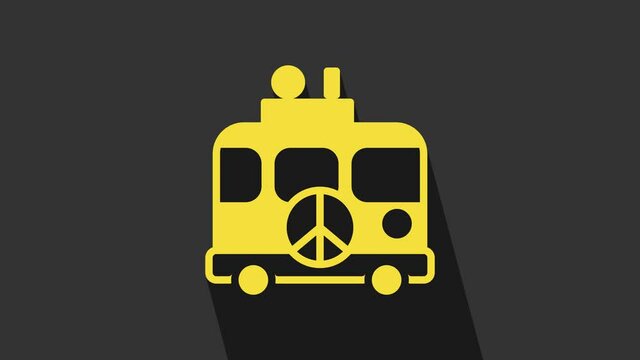 Yellow Hippie camper van icon isolated on grey background. Travel by vintage bus. Tourism, summer holiday. 4K Video motion graphic animation