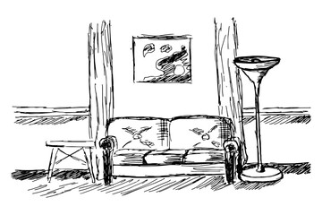 Interior black and white sketch with the interior of the living room. Sofa, floor lamp, coffee table