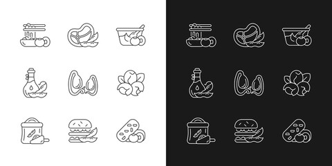 Soy plants linear icons set for dark and light mode. Growing organic vegetables. Healthy meals preparing. Customizable thin line symbols. Isolated vector outline illustrations. Editable stroke