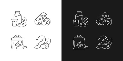 Soy meals linear icons set for dark and light mode. Organic soybean based flour. Vegetable snacks. Customizable thin line symbols. Isolated vector outline illustrations. Editable stroke