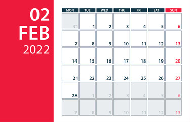 February 2022 Calendar Planner - vector illustration. Template. Mock up.