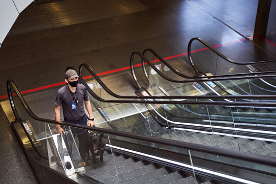 Security Worker With Detection Dog Using Escalator At Airport