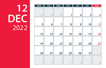 December 2022 Calendar Planner - vector illustration. Template. Mock up.