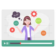 Coding Webinar Concept, Female Programmer giving Lecture Vector Icon Design, Online video Training Symbol, E-Learning Sign, Virtual courses or Digital Academy Stock illustration