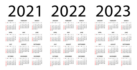 Calendar 2021, 2022, 2023 - illustration. Week starts on Sunday. Calendar Set for 2021, 2022, 2023 years