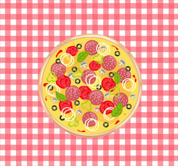 Pizza with vegetables on a red tablecloth