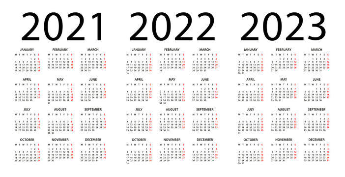 Calendar 2021, 2022, 2023 - illustration. Week starts on Monday. Calendar Set for 2021, 2022, 2023 years
