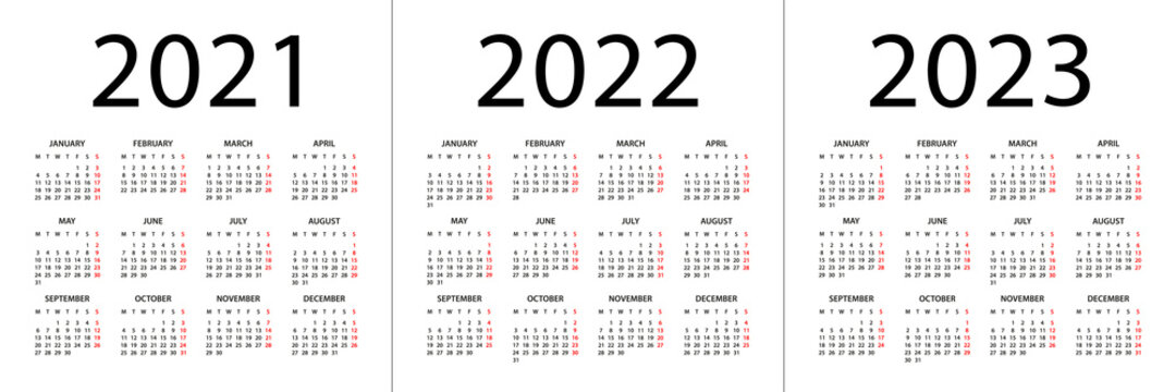 Calendar 2021, 2022, 2023 - illustration. Week starts on Monday. Calendar Set for 2021, 2022, 2023 years