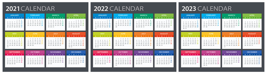 2021, 2022, 2023 Calendar - illustration. Template. Mock up