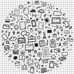 Back to school. Grid pattern. Checkered background with hand drawn school supplies. Education concept