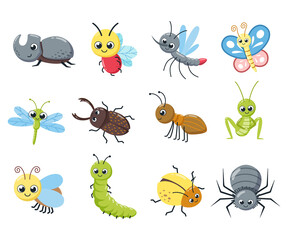A collection of cute insects. Funny bugs, caterpillar, fly, bee, spider, mosquito. Cartoon vector illustration.