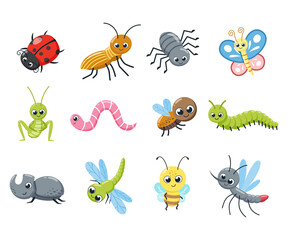 A collection of cute insects. Funny bugs, caterpillar, fly, bee, ladybird, spider, mosquito. Cartoon vector illustration.