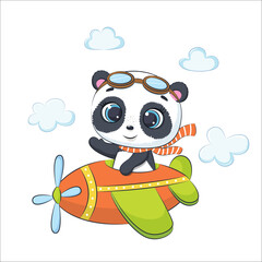 Cute baby panda is flying on a plane. Cartoon vector illustration.