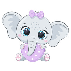 Cute baby elephant with a heart. Cartoon vector illustration.
