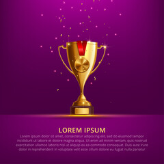 Realistic Golden Trophy Cup Set Isolated on Purple Background