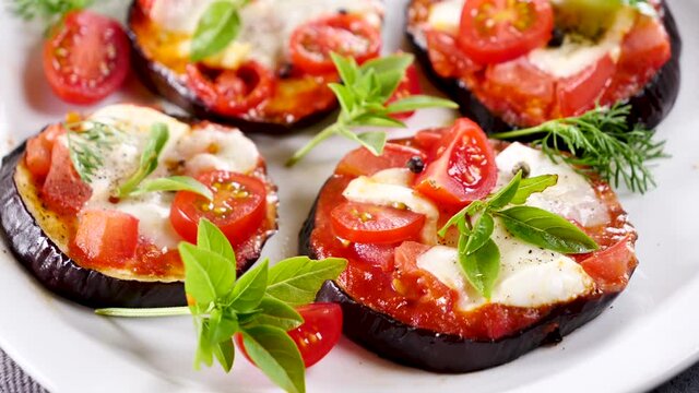 eggplant pizza with tomato sauce, mozzarella and basil