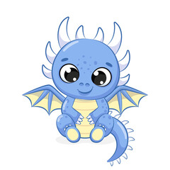A cute dragon is sitting and smiling at you. Cartoon vector illustration.