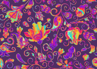 Paisley watercolor floral pattern tile:  flowers, flores, tulips, leaves. Oriental indian traditional hand painted water color whimsical seamless print, ceramic design. Abstract india batik background